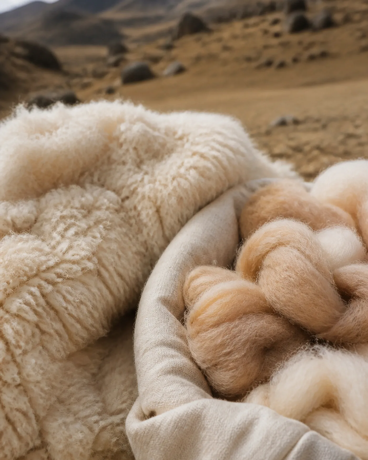 Detalle de vellón de baby alpaca bajo luz natural