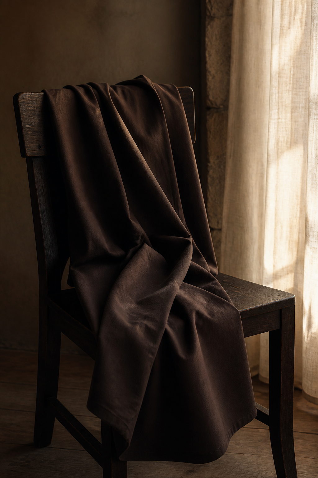 Textil de algodón sobre una silla de madera en un interior silencioso