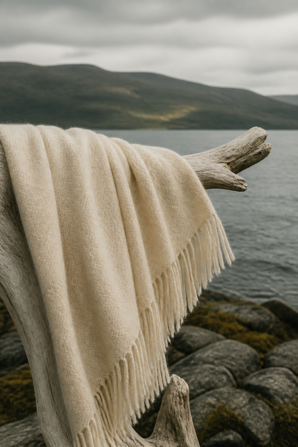 Textil de alpaca drapeado sobre una rama frente a un lago del sur